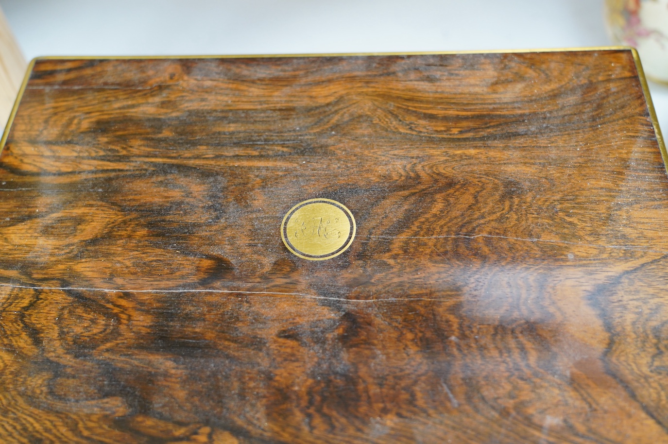 A Victorian brass bound rosewood toilet box, 36cm wide. Condition - fair to good